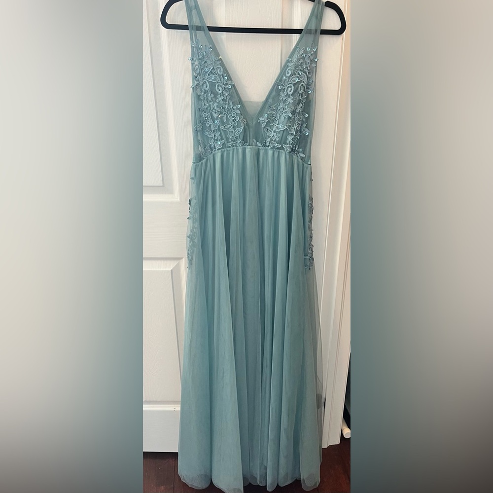 ePretty Dusty Blue V-Neck Tulle Embroidered Formal Dress